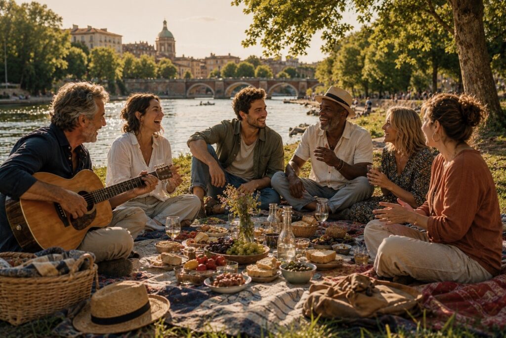 Six adultes profitant d’un pique-nique au bord d’une rivière, riant, échangeant et jouant de la musique dans une atmosphère conviviale.