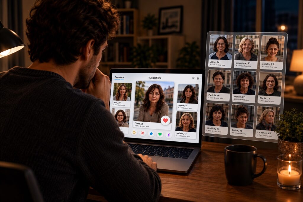 Homme consultant de nombreux profils sur une application de rencontre, illustrant l’abondance de choix dans les rencontres en ligne.